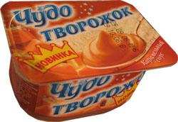 "Чудо творожок". Продукт творожный термизированный взбитый нормальной жирности "Творожок" вкус карамельный соус. 125 г