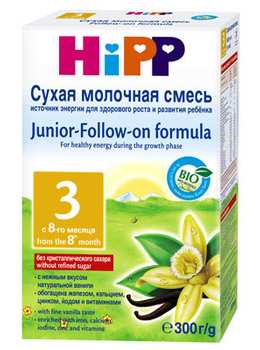 HiPP 3BIO сухаямолочнаясмесь с8 месяцев снежным Ванильнымвкусом. Без сахара, обогащена железом, кальцием, цинком, йодом и витаминами