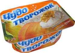 "Чудо творожок". Продукт творожный термизированный взбитый фруктовый "Творожок" нормальной жирности. Персик-груша. 125 г